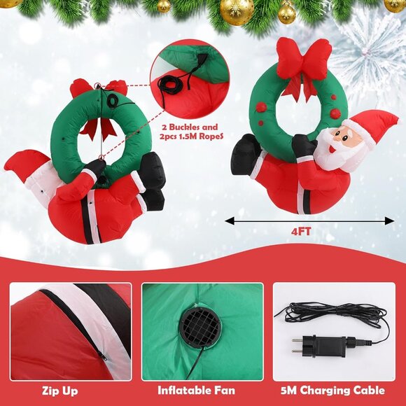 Hanging Christmas Inflatable Santa with Wreath and Lights for Door or Yard - Picture 7 of 7